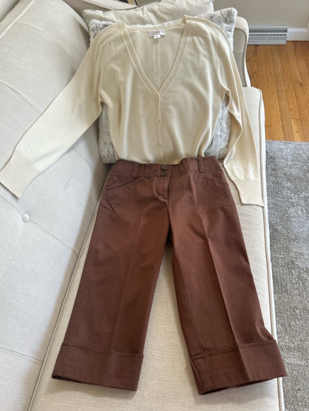 LOFT Cream V-Neck Cardigan with Brown Wide-Leg Capris